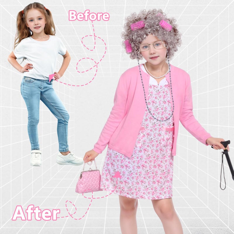 Kicpot Old Lady Costume for Girls Kids 100 Days School Grandma Costume (Pink  8-9Y) - Image 4